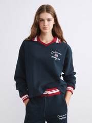 Xside Navy Blue Polo Neck Embroidered Women Thick Sweatshirt