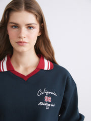 Xside Navy Blue Polo Neck Embroidered Women Thick Sweatshirt