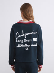 Xside Navy Blue Polo Neck Embroidered Women Thick Sweatshirt