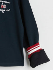 Xside Navy Blue Polo Neck Embroidered Women Thick Sweatshirt