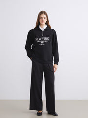 Xside Black New York Embroidered Oversize Women Thick Sweatshirt