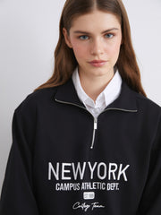 Xside Black New York Embroidered Oversize Women Thick Sweatshirt