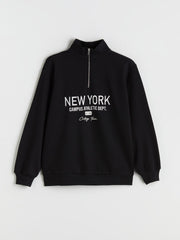 Xside Black New York Embroidered Oversize Women Thick Sweatshirt