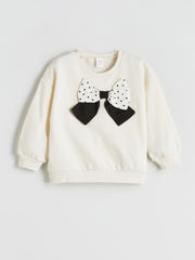 LCW Kids Ecru Crew Neck Bow Detailed Girls Sweatshirt