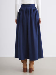 LCW Modest Navy Blue Waist Zippered Pleated Flared Skirt