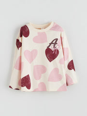 LCW Baby Ecru Crew Neck Heart Printed Girls T-Shirt