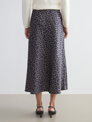 LCW Classic Brown Elastic Waist Leopard Patterned A-Line Satin Skirt