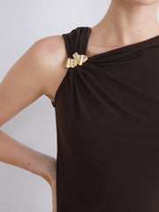 LCW Classic Brown Boat Neck Gathered Blouse