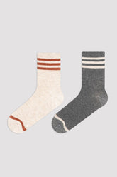 Beige Triple Stripe 2In1 Soket Socks