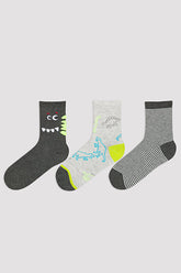 Boys Dino Face 3In1 Socks