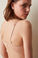 Beige Colored Non-wired Padless Thick Strap Transparent Bra