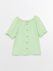 تي شيرت بناتي بأكمام قصيرة وياقة واسعة باللون الأخضر