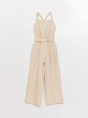 أفراول بناتي من مزيج الكتان مع ياقة مربعة بيزك