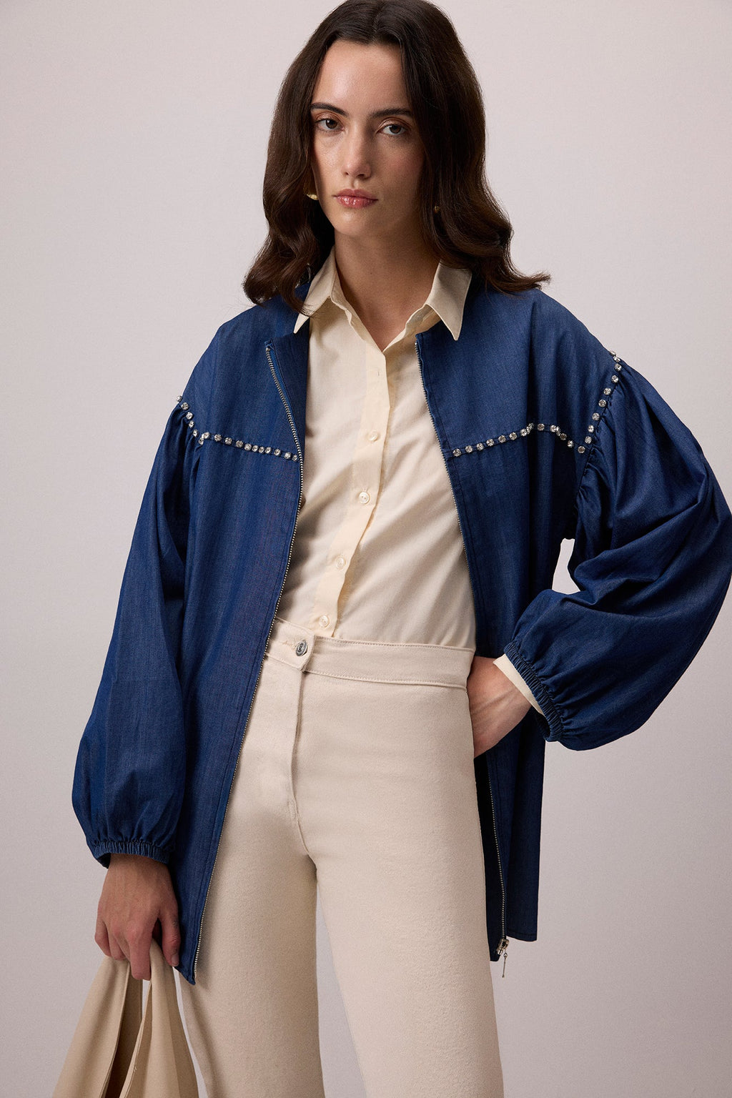 Denim Effect Stone Embroidered Oversize Jacket