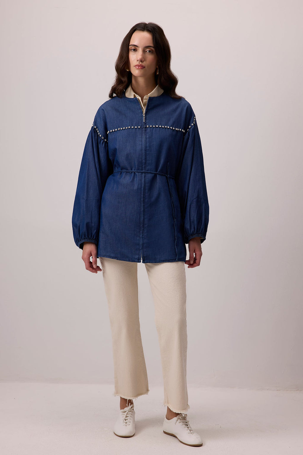 Denim Effect Stone Embroidered Oversize Jacket