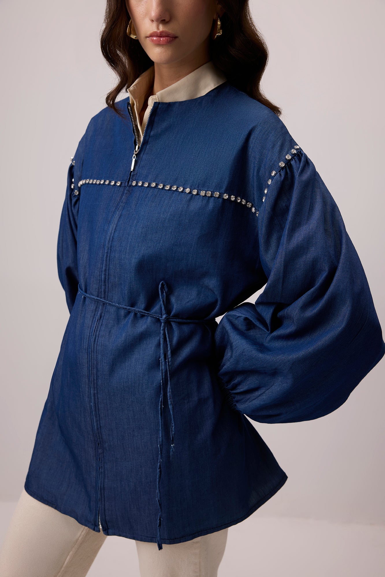 Denim Effect Stone Embroidered Oversize Jacket