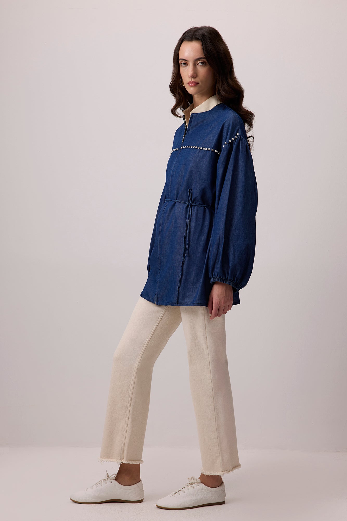 Denim Effect Stone Embroidered Oversize Jacket