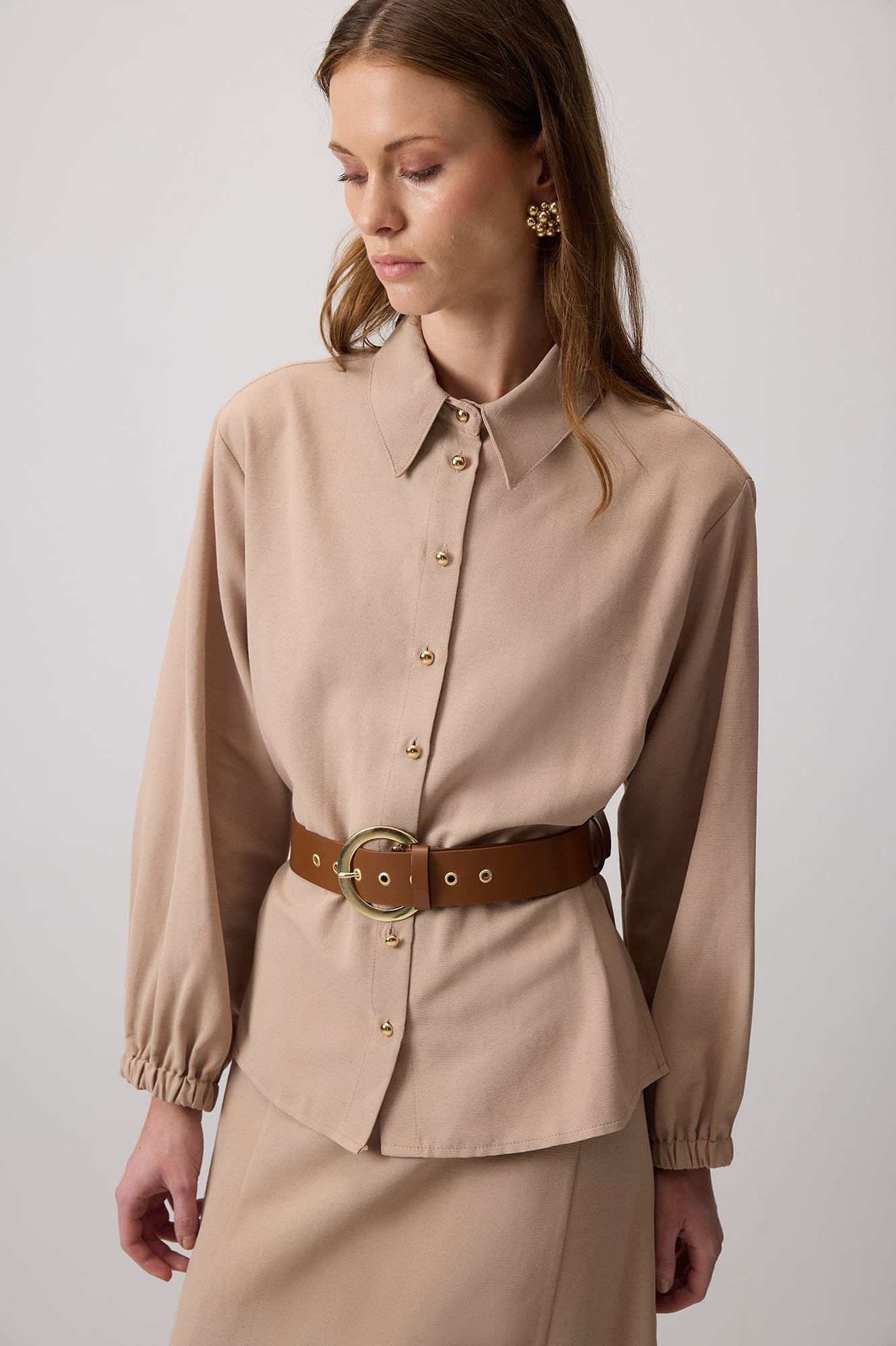 Textured Belted Shirt Skirt Set