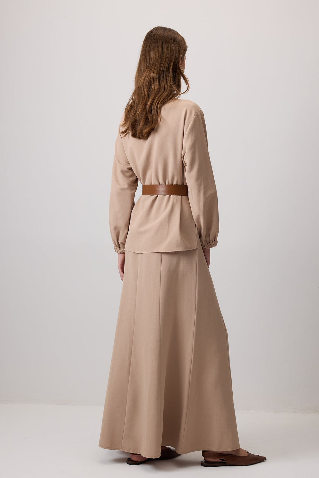 Textured Belted Shirt Skirt Set