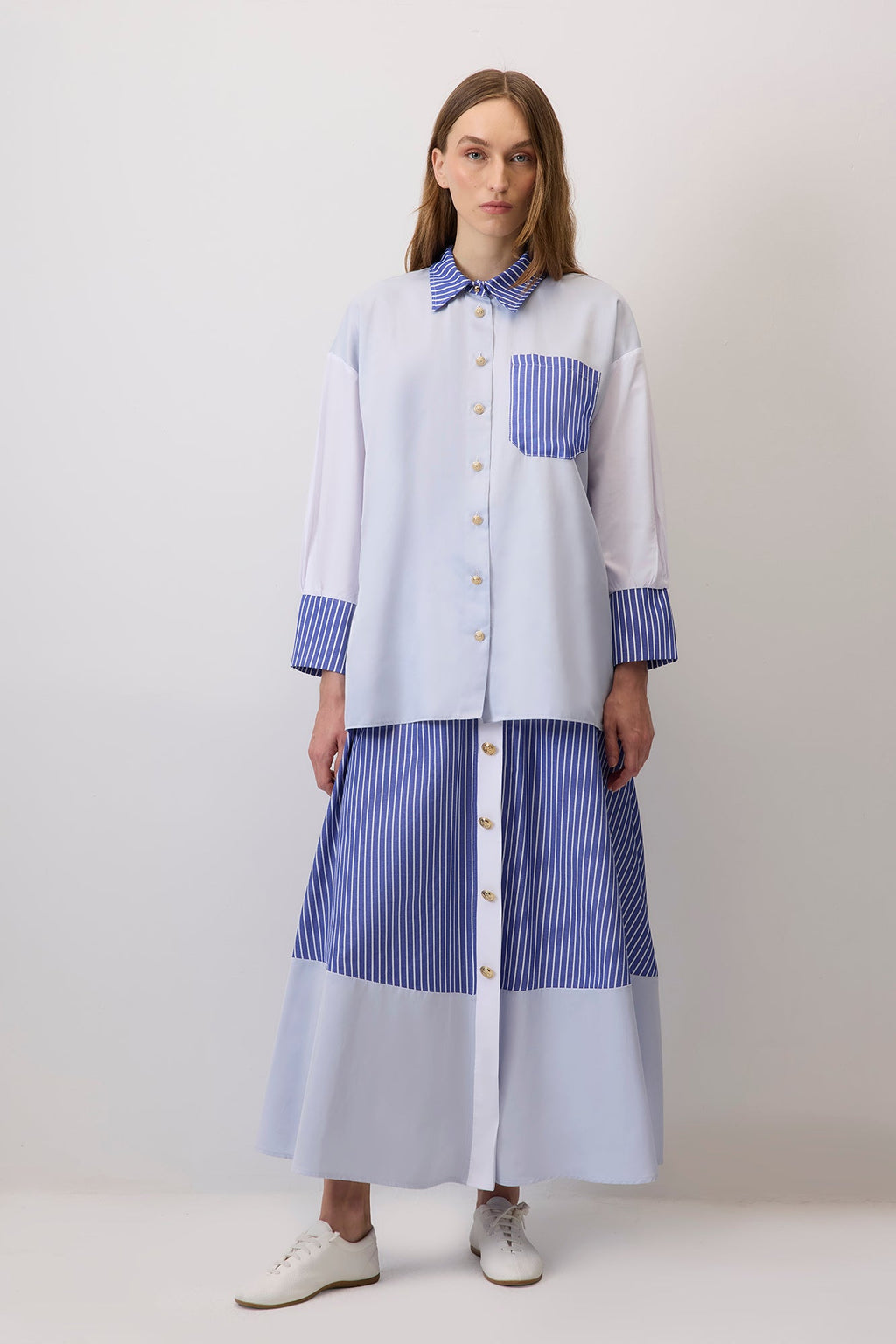 Contrast Stitched Shirt Skirt Set