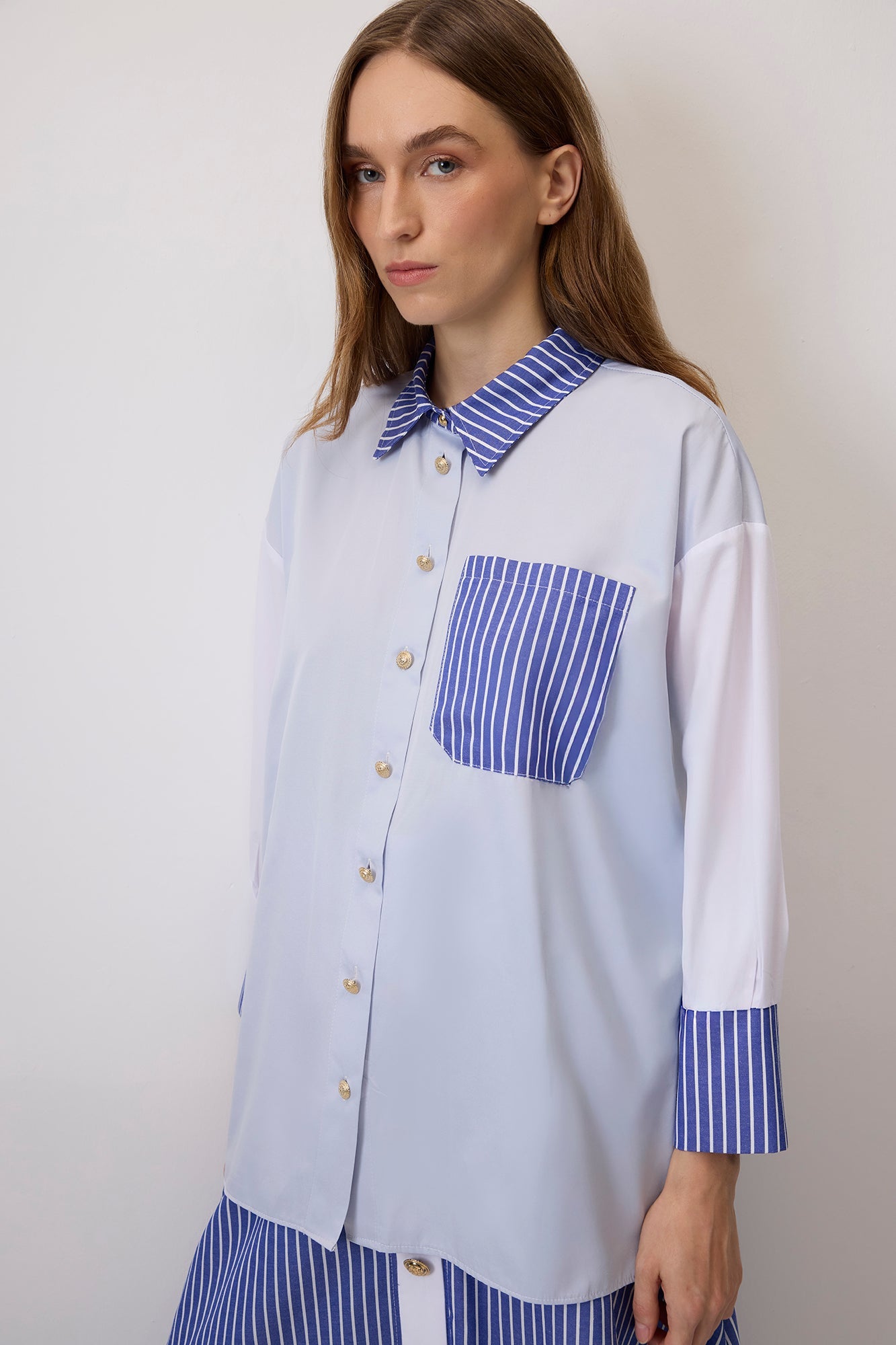 Contrast Stitched Shirt Skirt Set