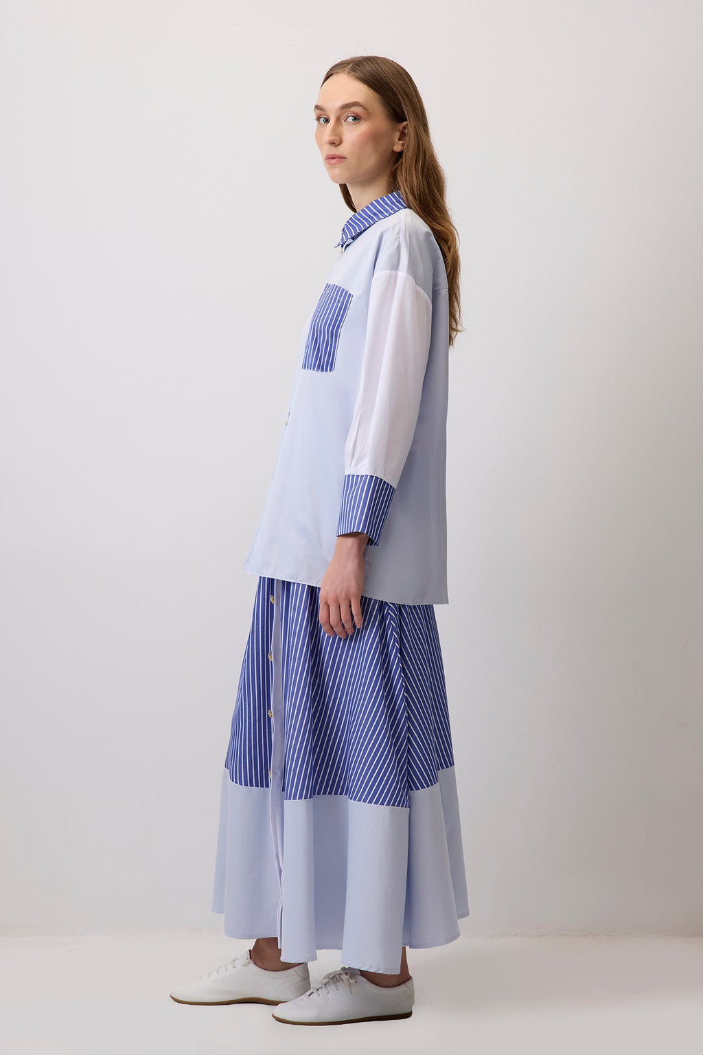 Contrast Stitched Shirt Skirt Set