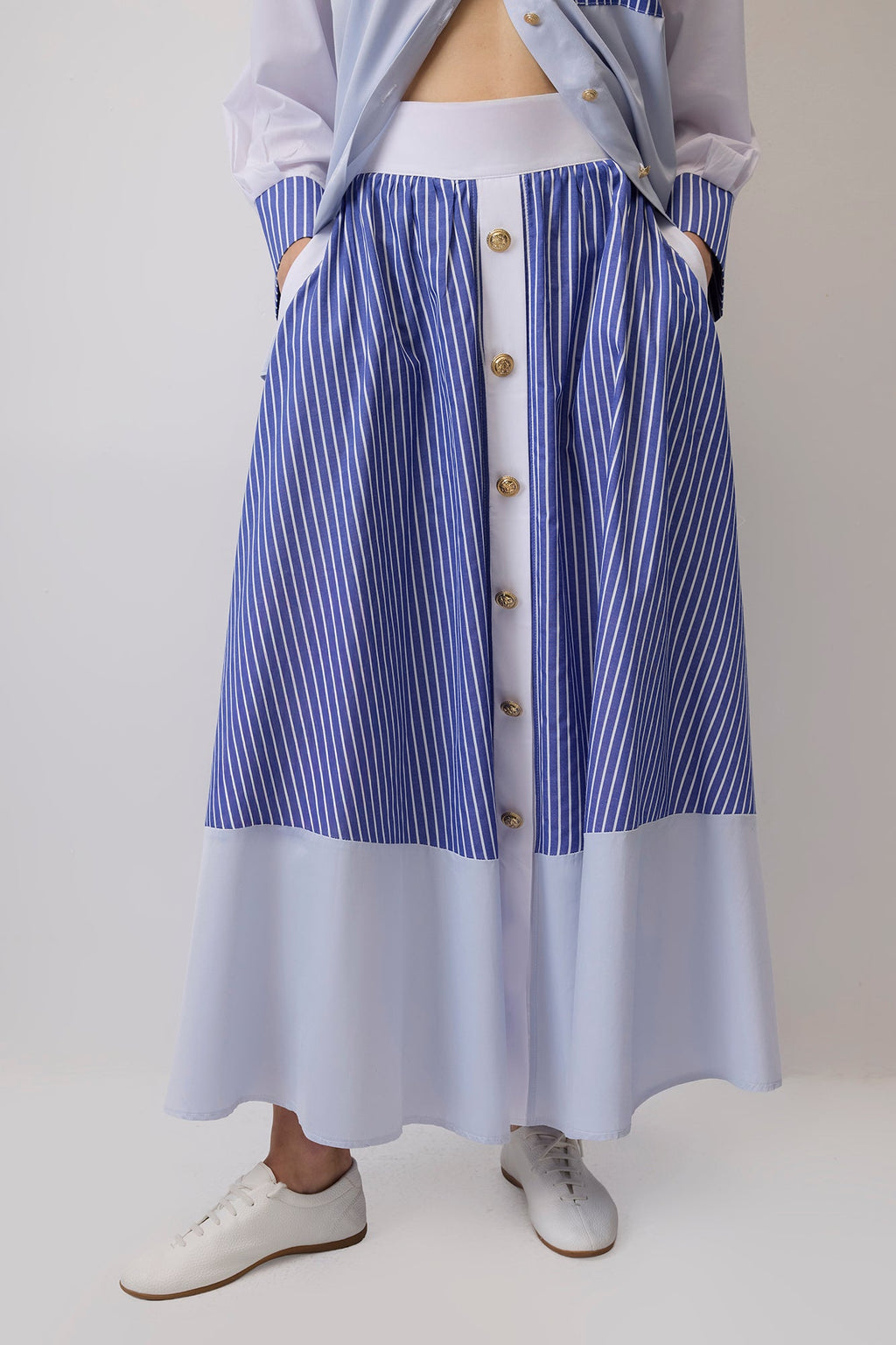 Contrast Stitched Shirt Skirt Set