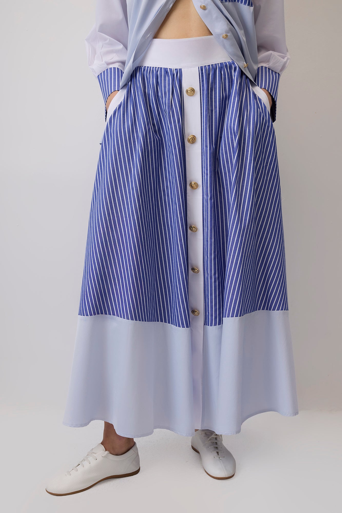 Contrast Stitched Shirt Skirt Set