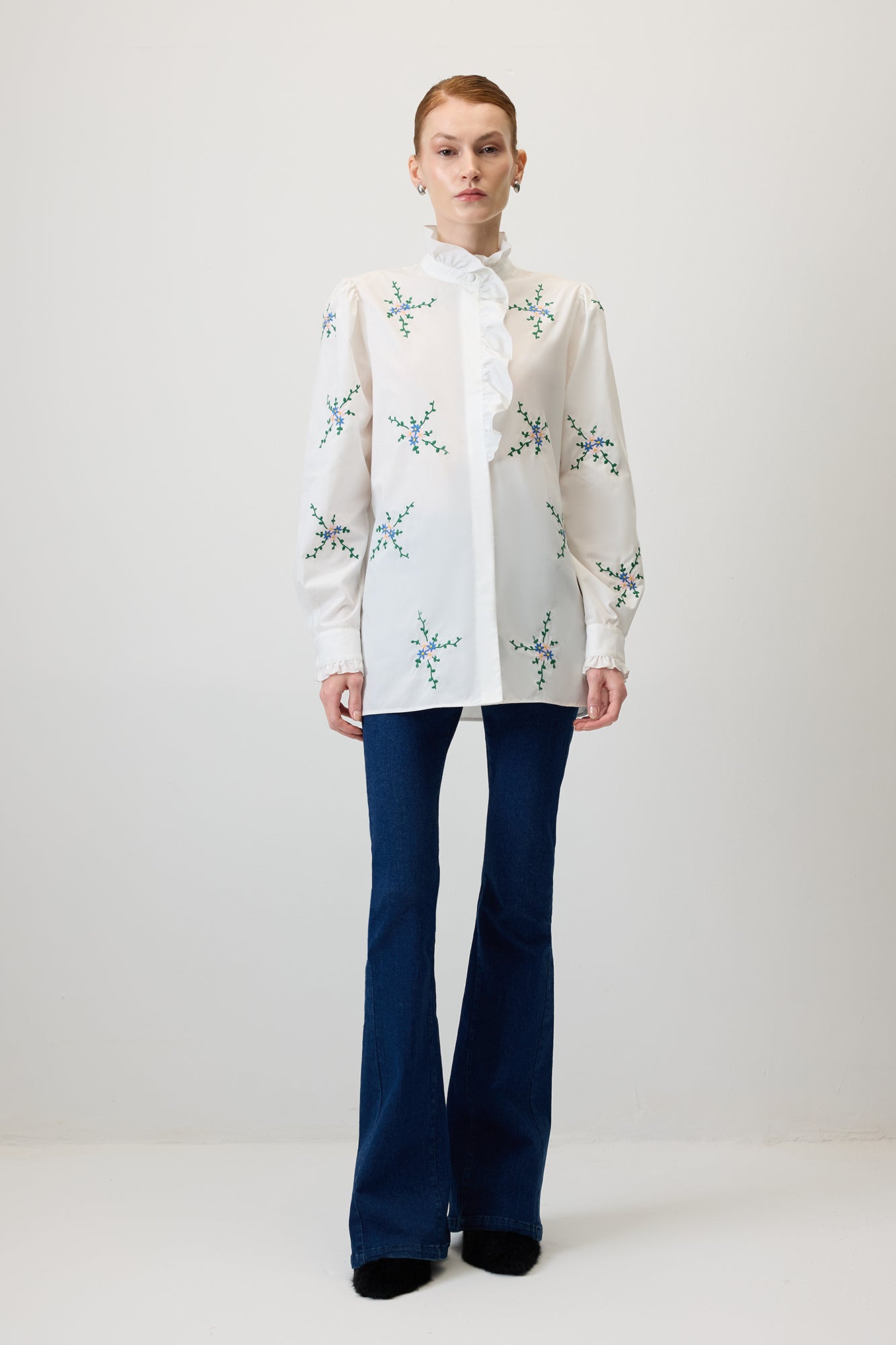 Flower Embroidered Poplin Shirt