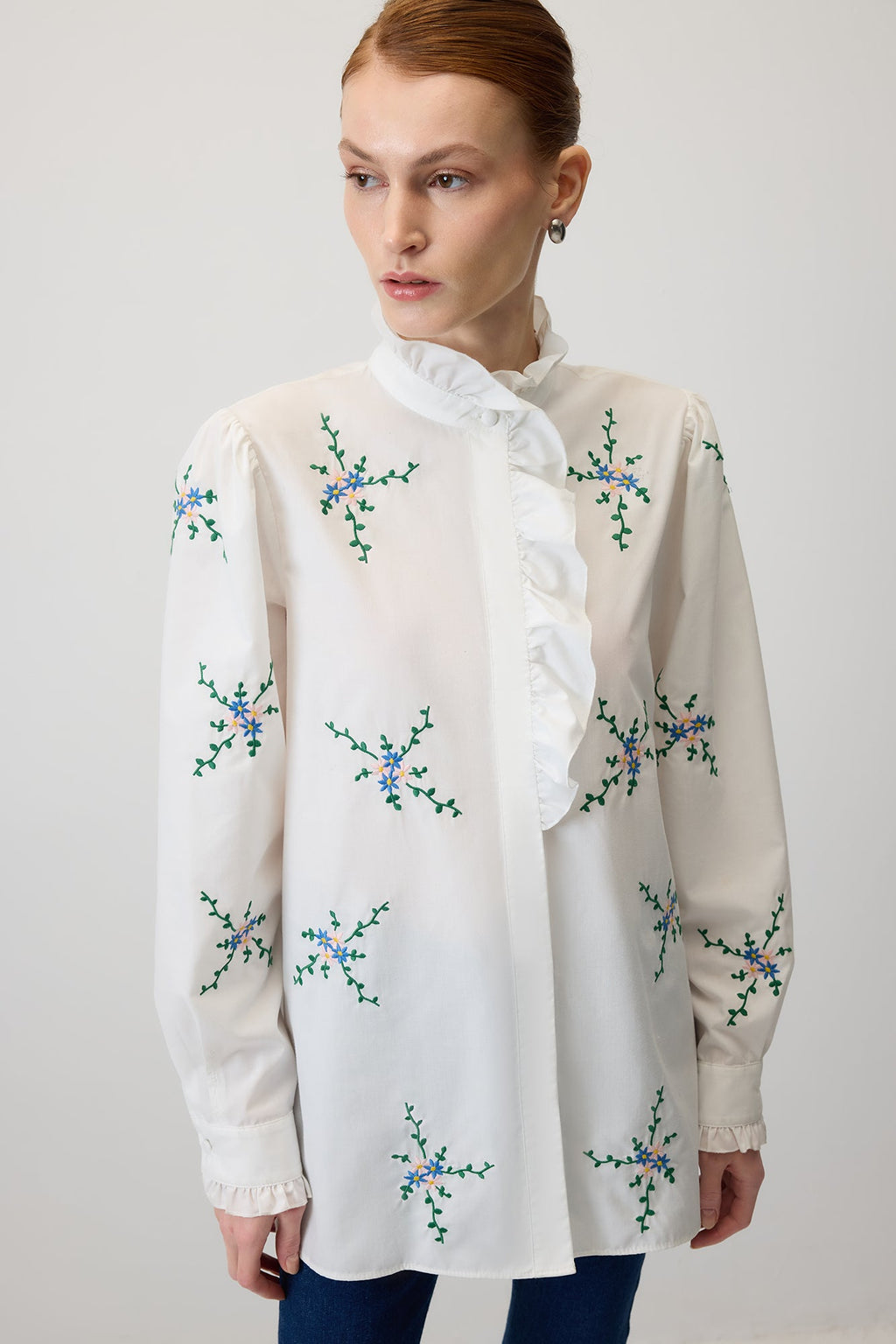 Flower Embroidered Poplin Shirt