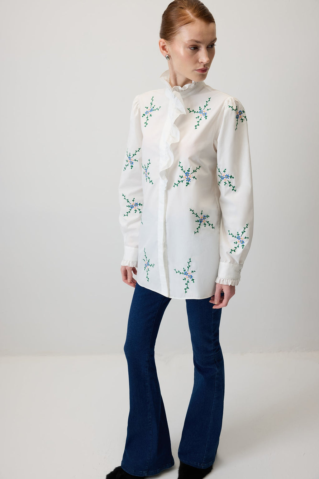 Flower Embroidered Poplin Shirt