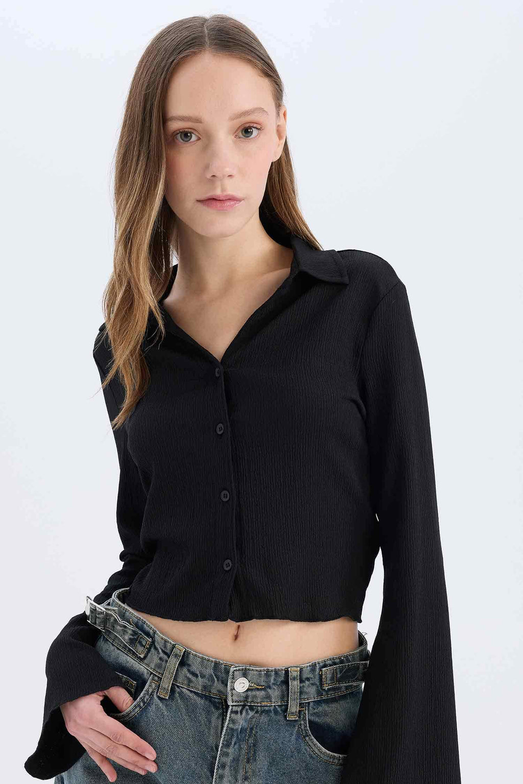 Fitted Crepe Long Sleeve Shirt