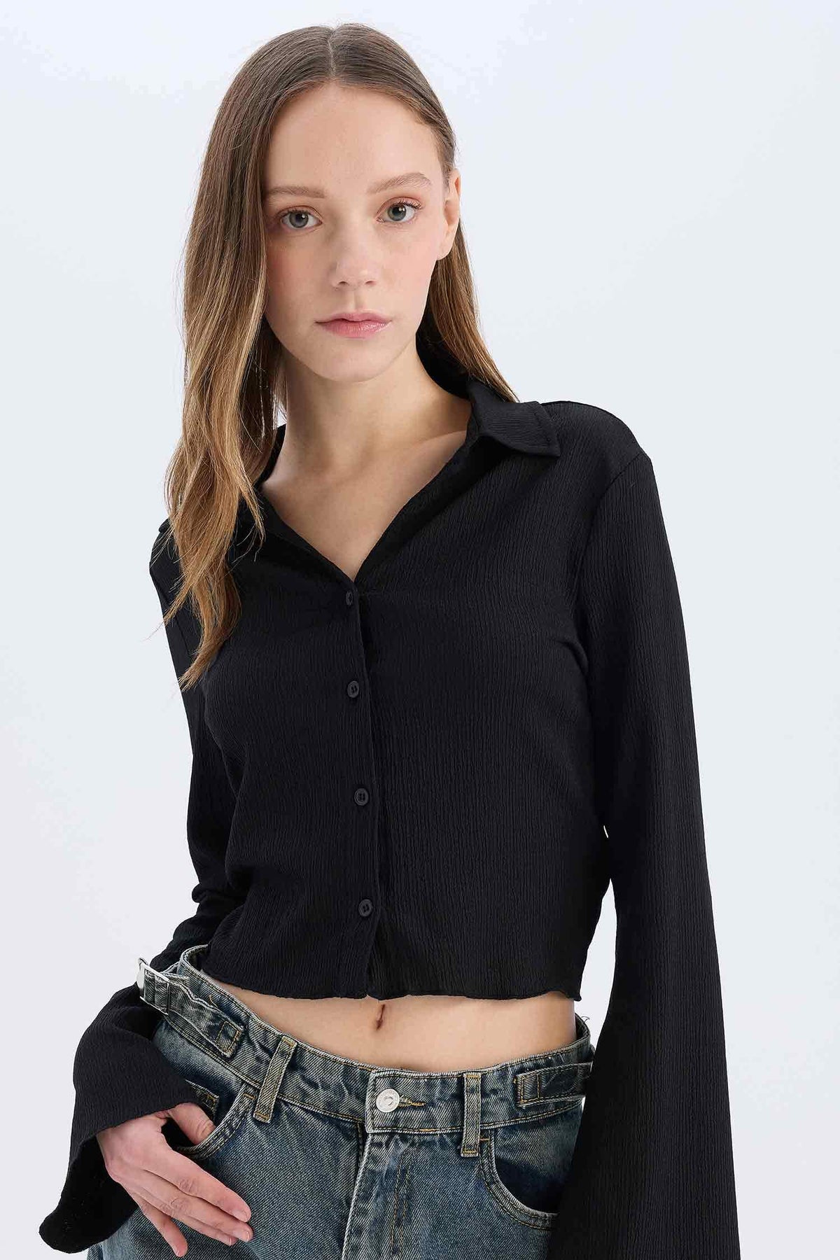Fitted Crepe Long Sleeve Shirt