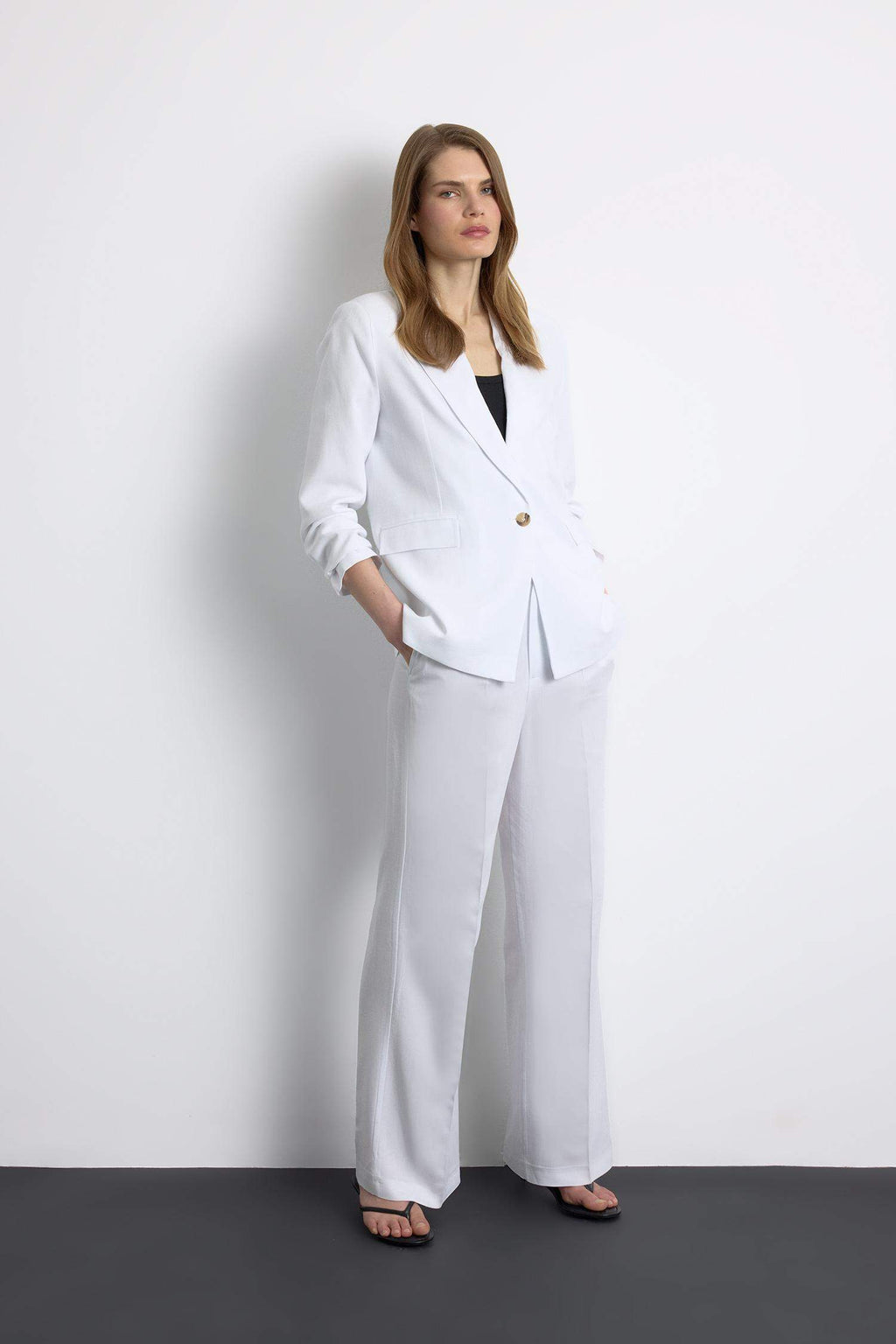 Wide Leg High Waist Linen Blend Trousers