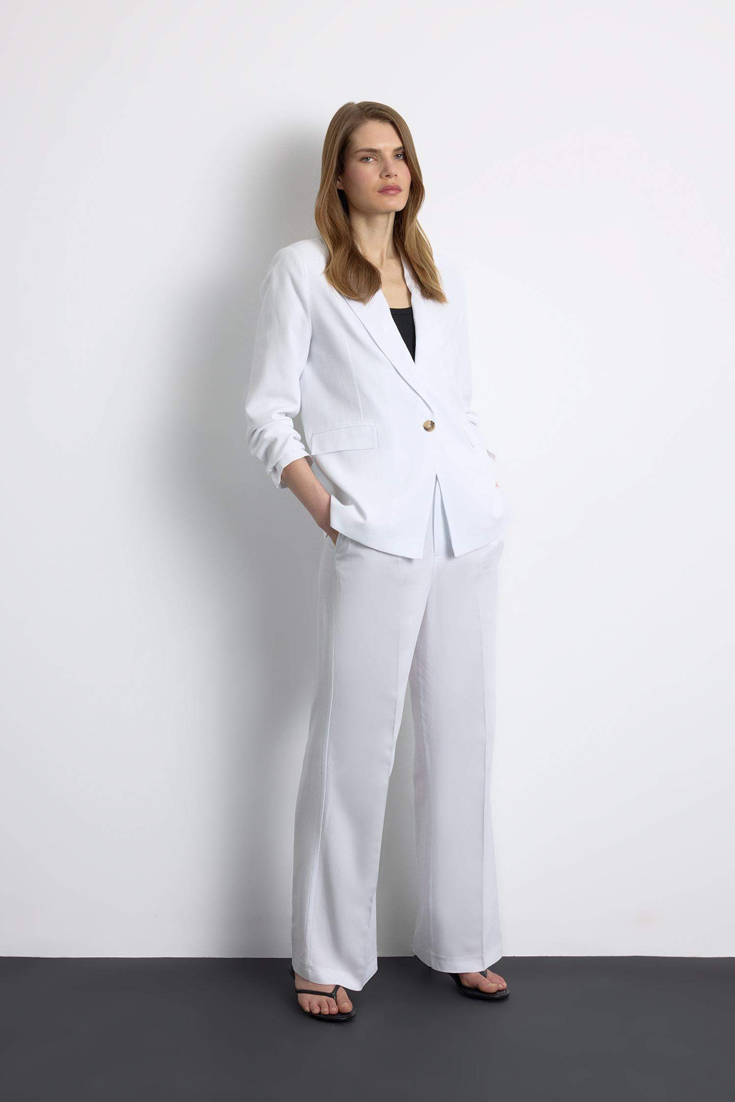 Wide Leg High Waist Linen Blend Trousers