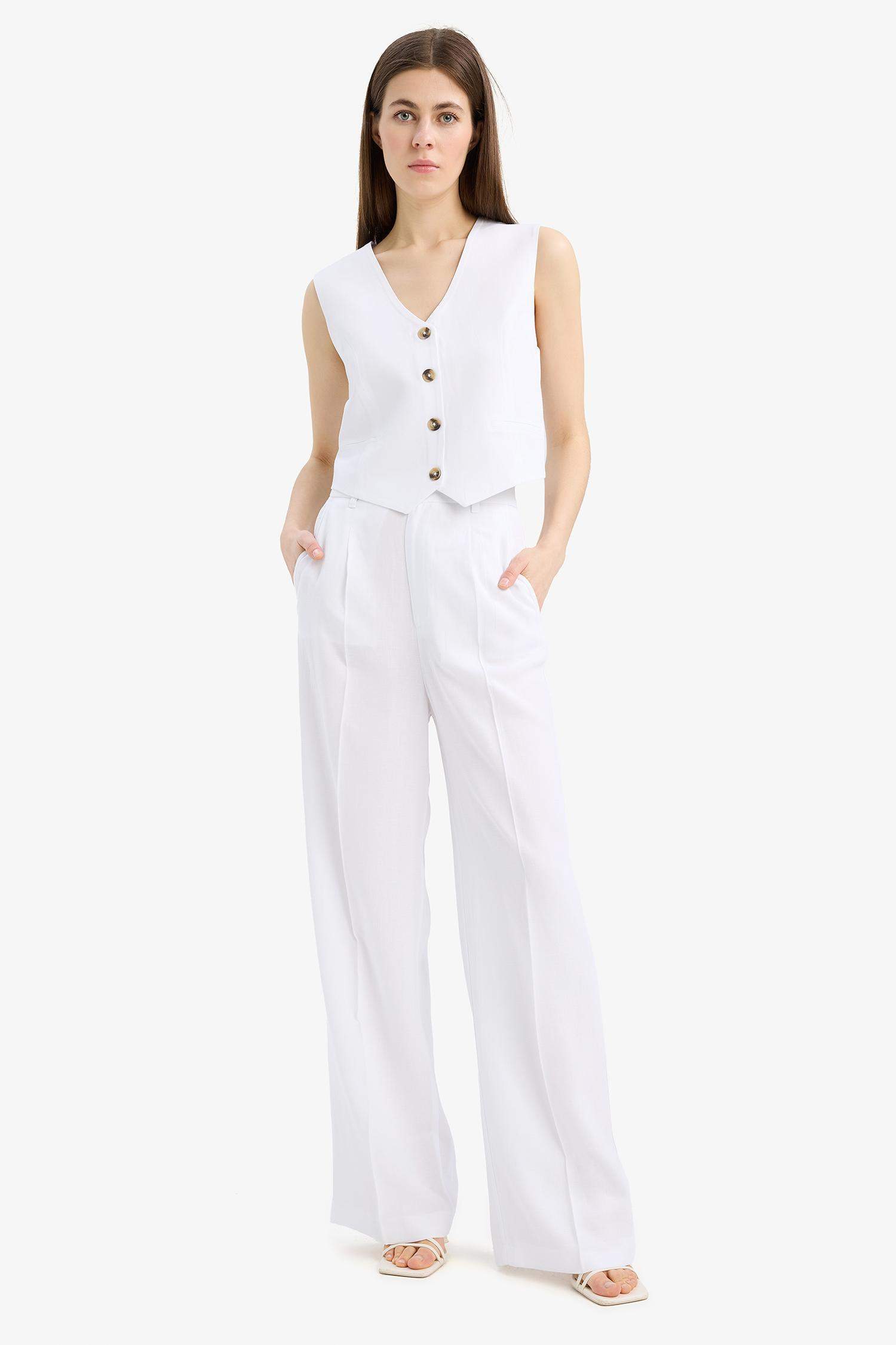 Wide Leg High Waist Linen Blend Trousers