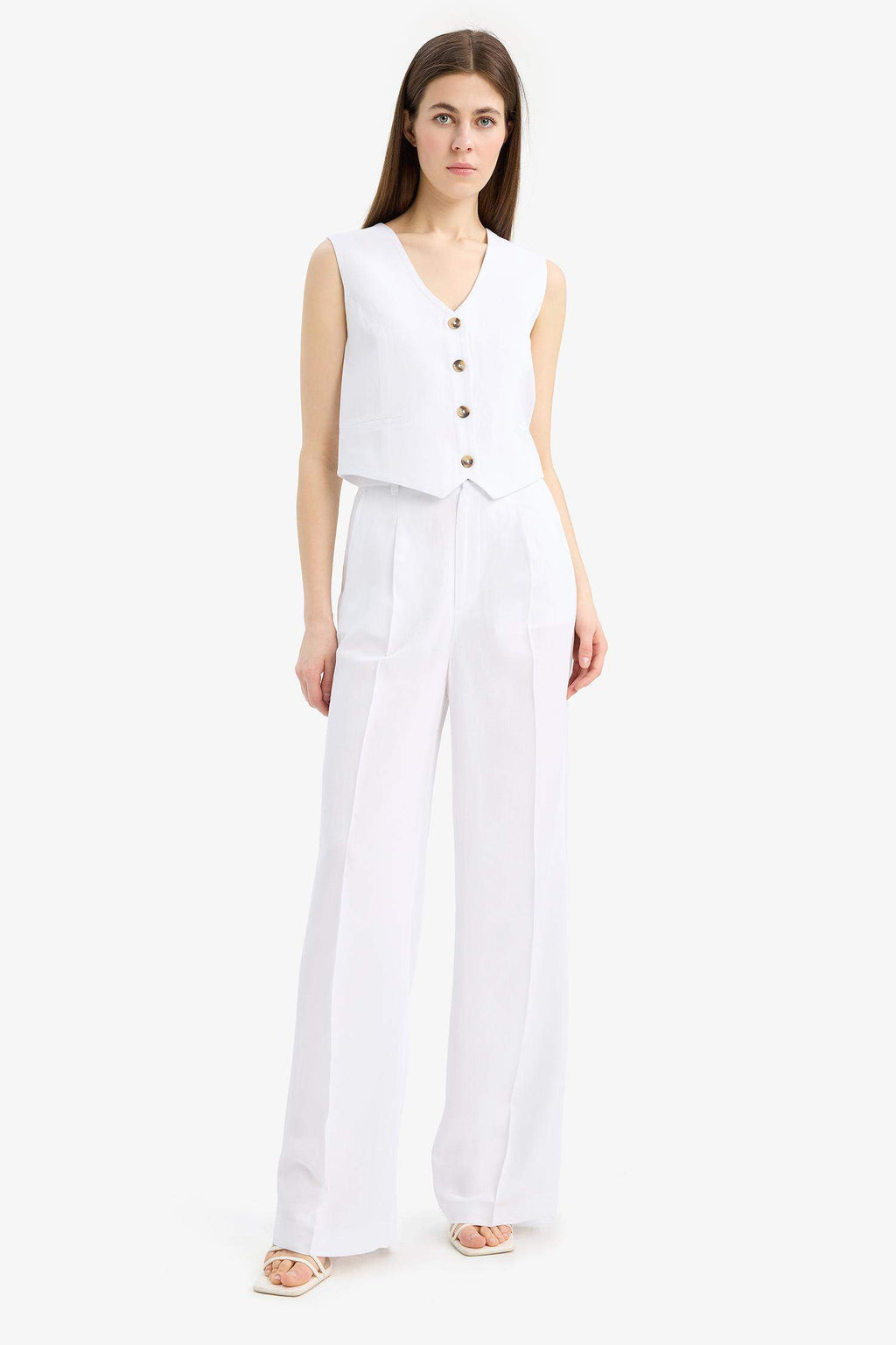 Wide Leg High Waist Linen Blend Trousers