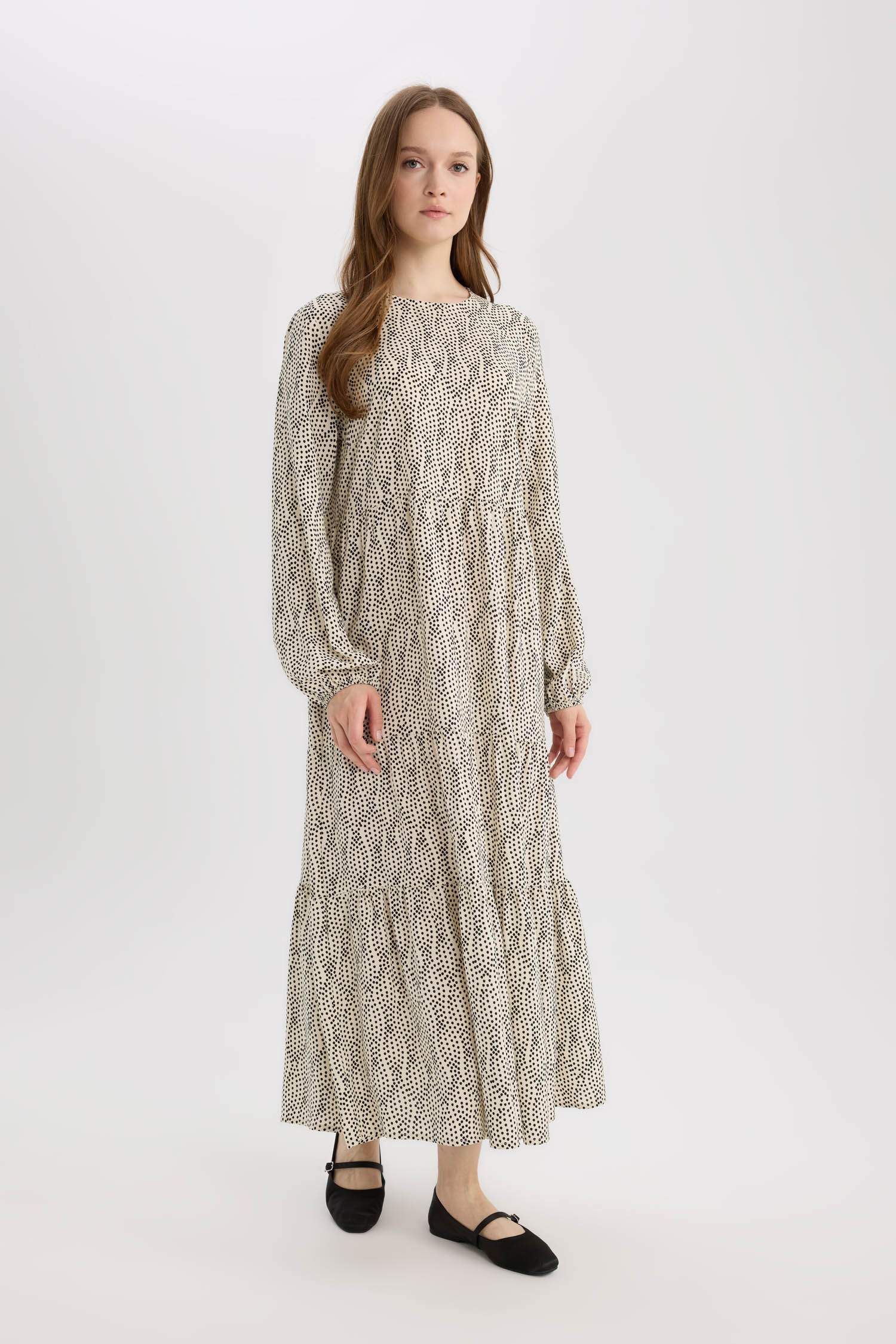 Crew Neck Patterned Long Sleeve Maxi Dress