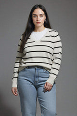 Relax Fit V-Neck Striped Knit Sweater