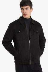 Slim Fit Shirt Collar Zippered Suede Jacket