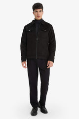 Slim Fit Shirt Collar Zippered Suede Jacket
