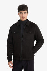 Slim Fit Shirt Collar Zippered Suede Jacket