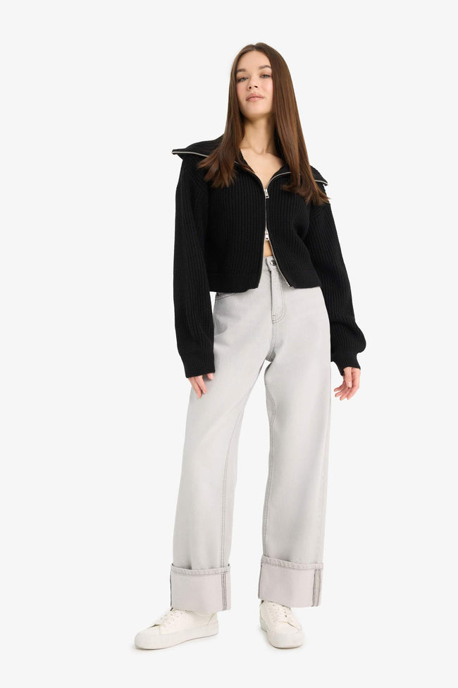 Slim Fit Slim Cut Polo Collar Zippered Knitwear Cardigan Main Image