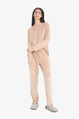 Pajama Set Regular Fit Long Sleeve Velour Top Long Bottom-Fall in Love