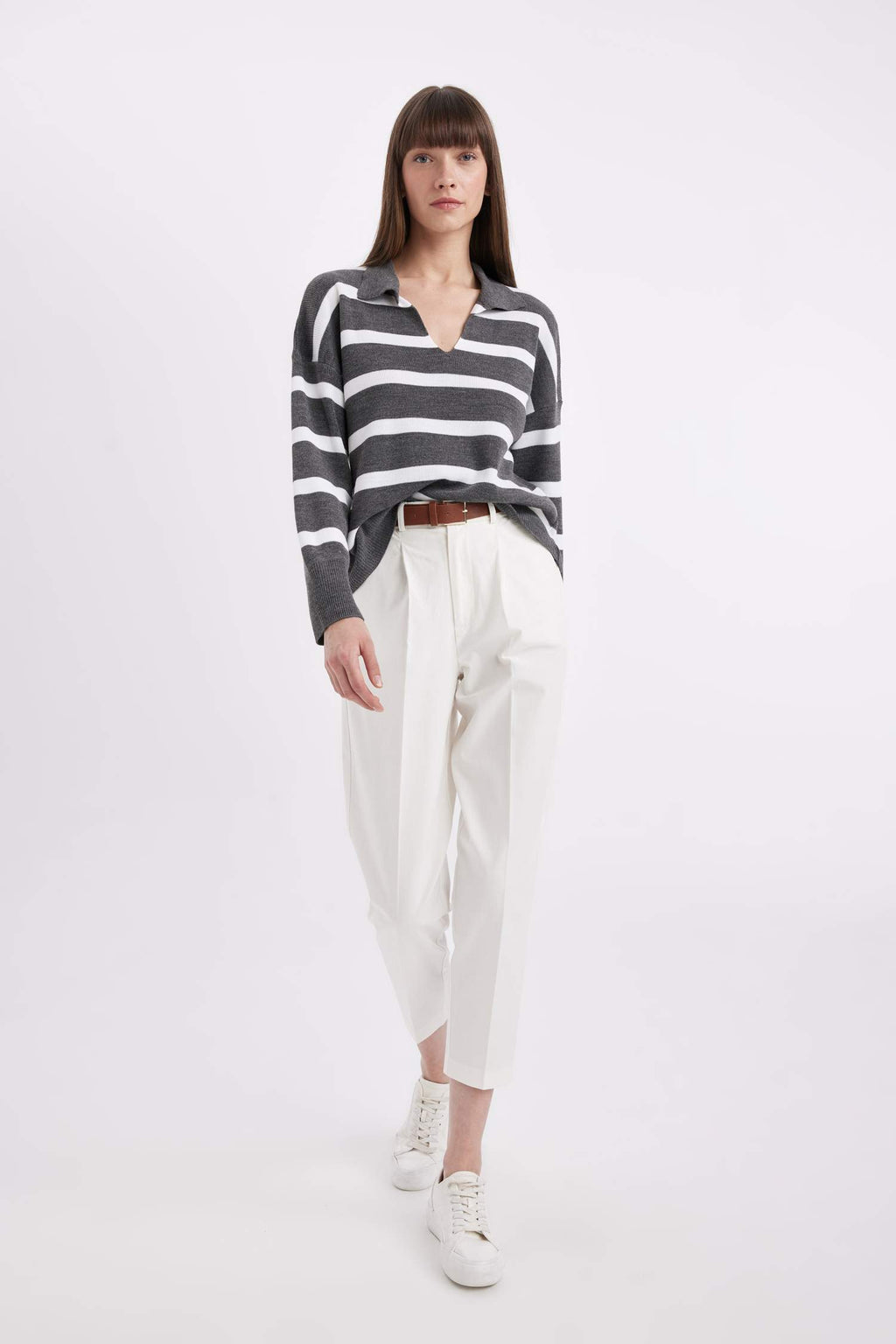 Relax Fit Polo Collar Striped Knitwear Pullover