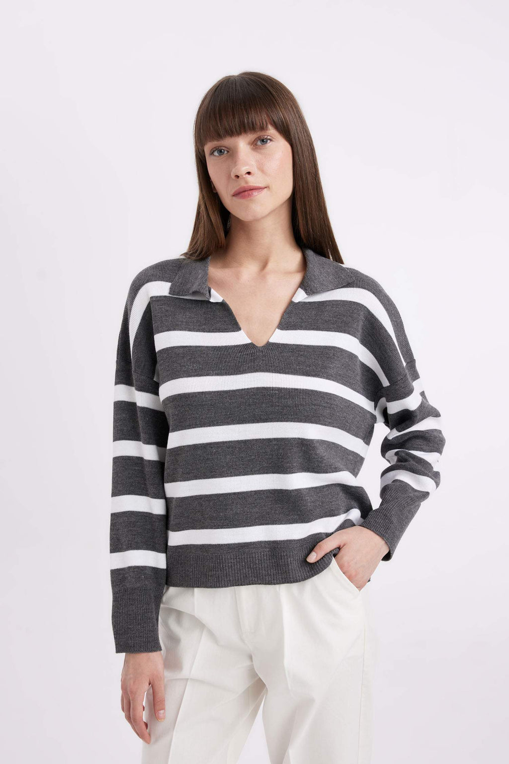 Relax Fit Polo Collar Striped Knitwear Pullover
