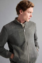 Slim Fit College Collar Zippered Suede Bomber Jacket