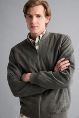 Slim Fit College Collar Zippered Suede Bomber Jacket