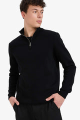 Standard Fit Regular Cut Stand Collar Half Zipper Basic Plain Knitwear Sweater