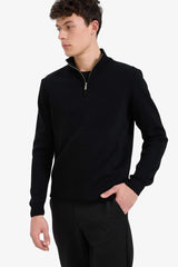 Standard Fit Regular Cut Stand Collar Half Zipper Basic Plain Knitwear Sweater